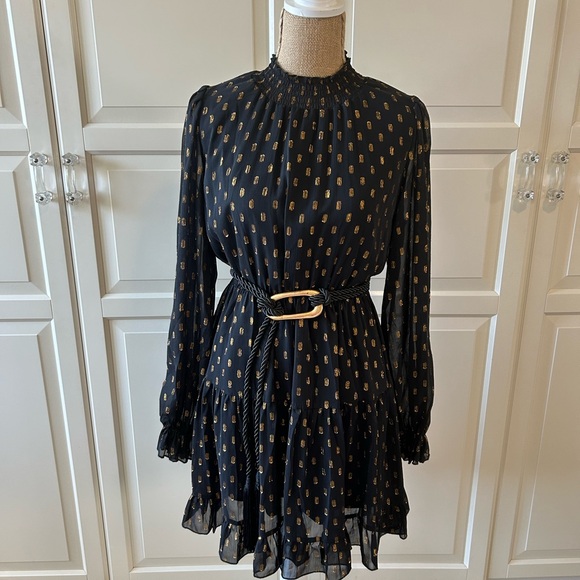 O.P.T. Black & Metallic Gold Fleck Chiffon Mini Dress Size M - Picture 2 of 12